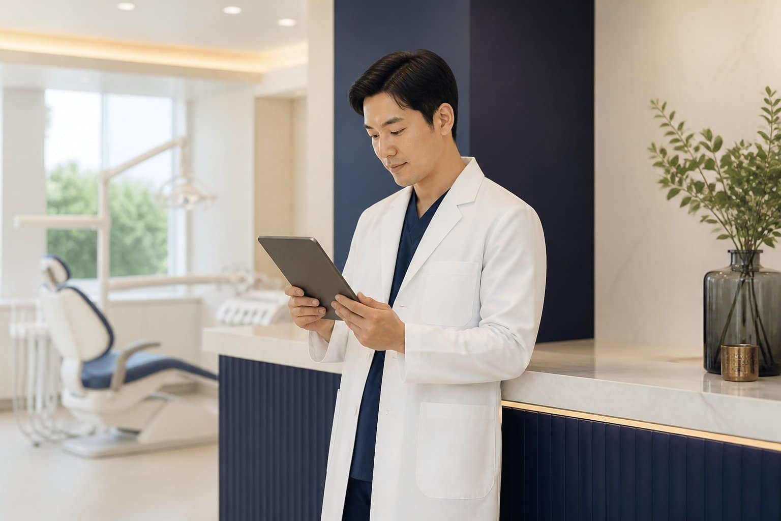 치과 원장이 진료실에서 태블릿으로 스마트플레이스 설정을 확인하는 모습